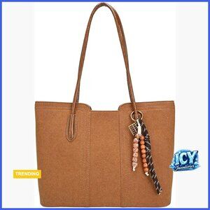 Faux Suede Leather Tote Bag with Pendant, Shoulder Top Handle Purse